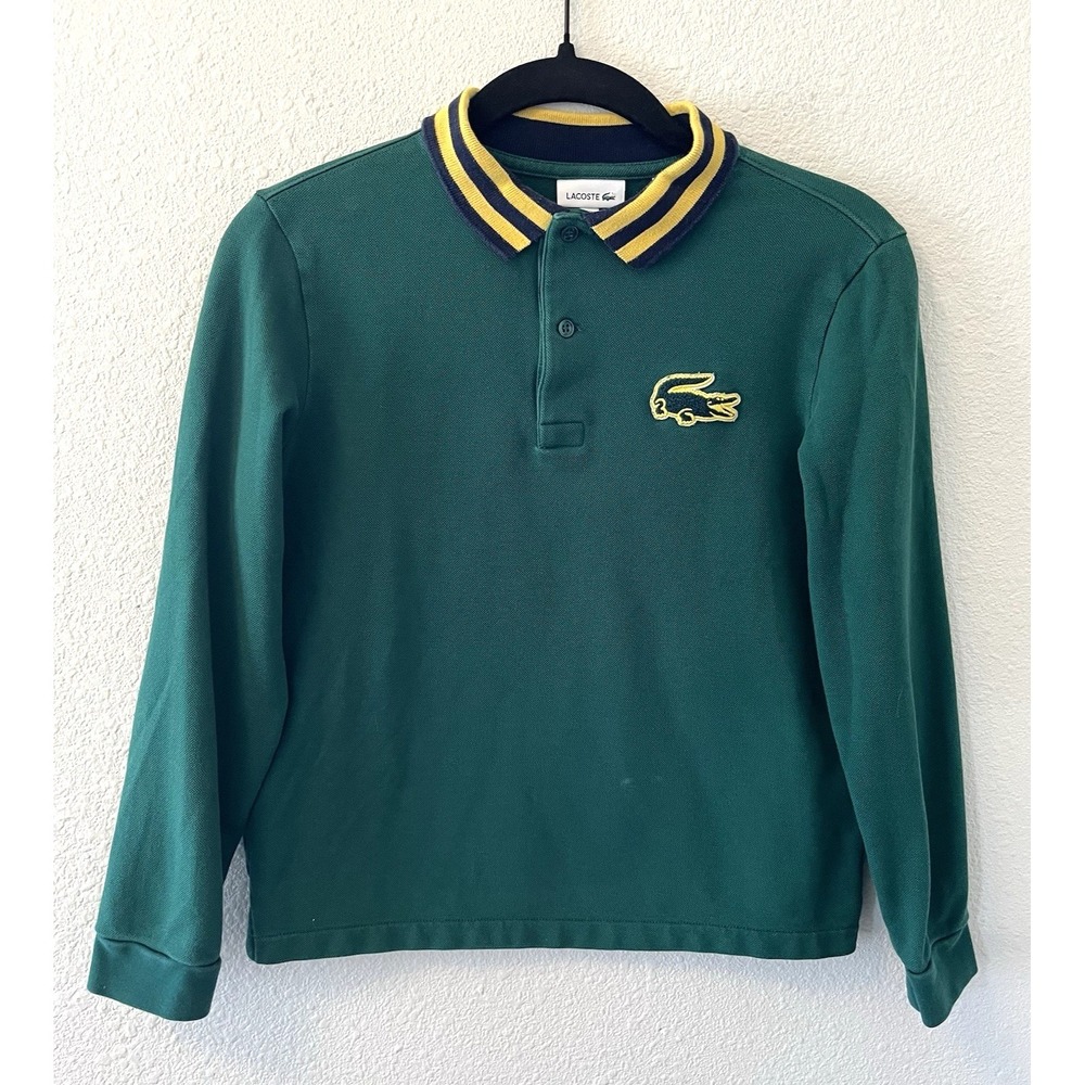 Lacoste Kids Polo Shirt Size 12 Green Long Sleeve Logo Striped Collar Preppy